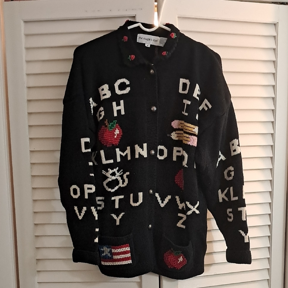 VTG ABC School Teacher Apple AOP All Over Print Cardigan Knit Sweater Size M